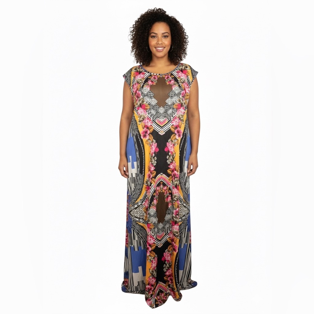 24Seven, Colorful Print Maxi Dress w/ Side Slit, Plus Size 3X, NWT